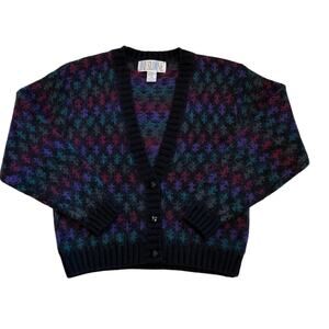 Vintage Cardigan Sweater Womens Small Black Mohair Wool Blend Button Front 80s